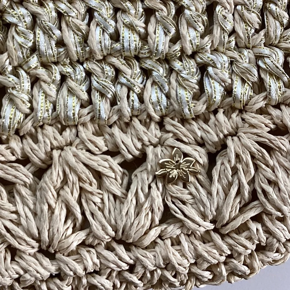 Cappelli Straworld Purse Handbag Round Beaded Jewel Handles Beige/Gold Lined - Picture 9 of 14